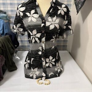 Elegant Black and White Floral Button-Up Blouse